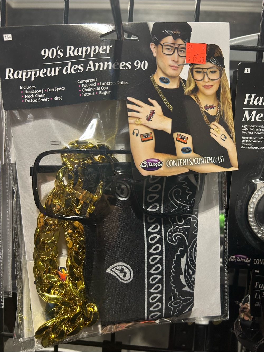 90's Rapper Costume Accessory Set - Black & Gold Chain and Bandana